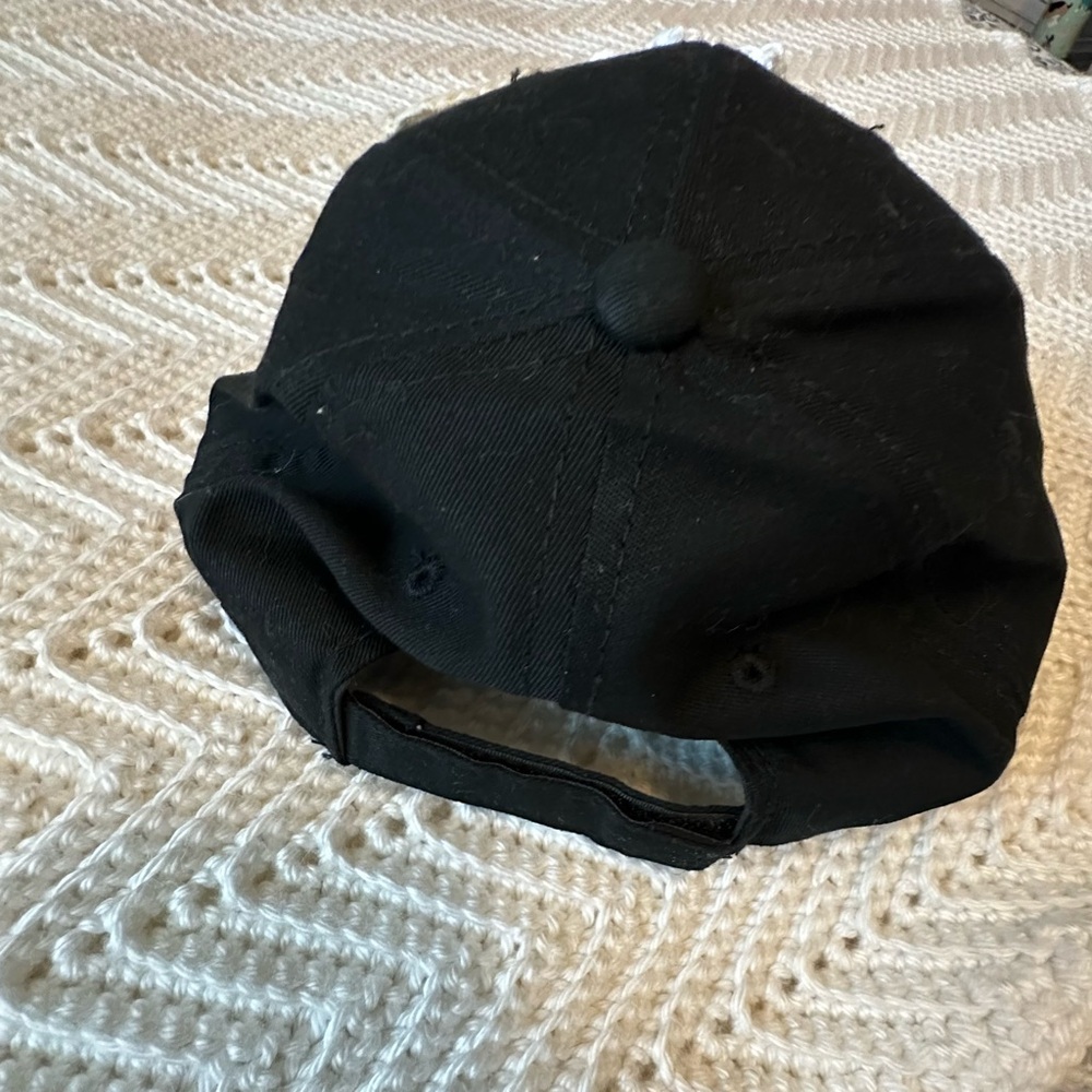 Upcyclef Black Cap with White Crochet Flower and Pearl Accents - Picture 3 of 4